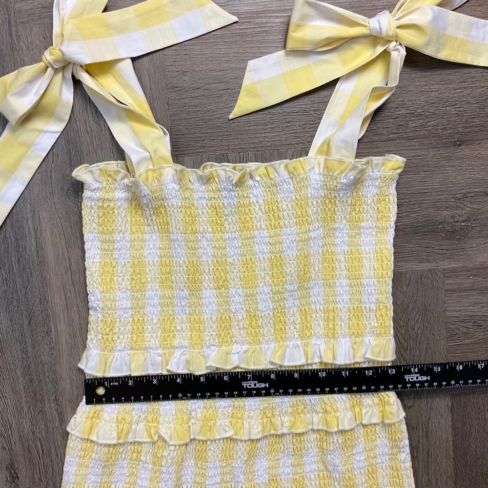 AQUA Gingham Smocked‎ Tiered Tie Shoulder Bows Dress Womens Medium Yellow White - Picture 8 of 8